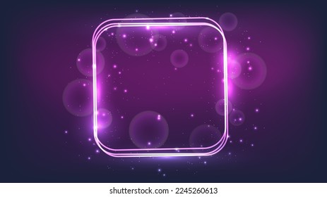 Neon rounded square frame with shining effects and sparkles on dark background. Empty glowing techno backdrop. Vector illustration