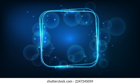 Neon rounded square frame with shining effects and sparkles on dark background. Empty glowing techno backdrop. Vector illustration