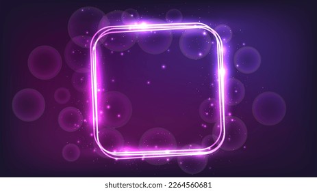Neon abgerundeter quadratischer Rahmen mit leuchtenden Effekten und Funkeln auf dunklem Hintergrund. Leere leuchtende Techno-Hintergrund. Vektorgrafik