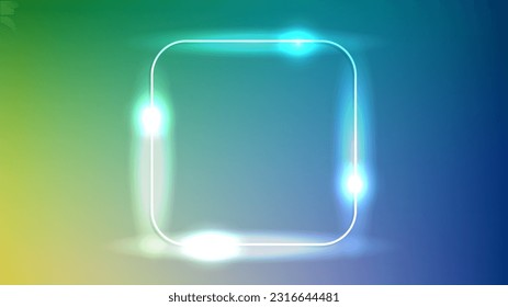 Neon rounded square frame with shining effects on dark green background. Empty glowing techno backdrop. Vector illustration