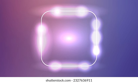Neon rounded square frame with shining effects on dark purple background. Empty glowing techno backdrop. Vector illustration