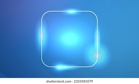 Neon rounded square frame with shining effects on dark blue background. Empty glowing techno backdrop. Vector illustration