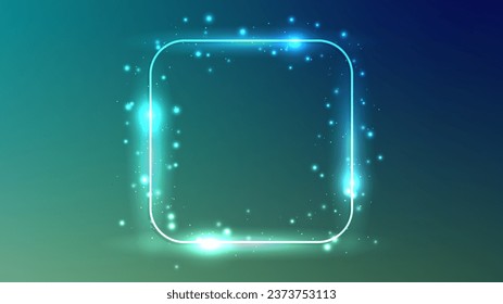 Neon rounded square frame with shining effects and sparkles on dark green background. Empty glowing techno backdrop. Vector illustration