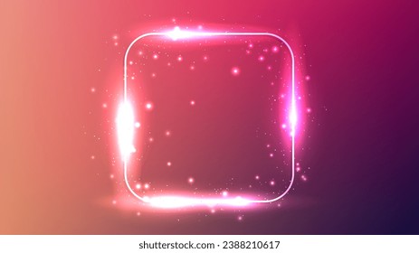 Neon rounded square frame with shining effects and sparkles on dark red background. Empty glowing techno backdrop. Vector illustration
