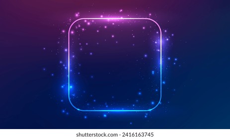 Neon rounded square frame with shining effects and sparkles on dark purple background. Empty glowing techno backdrop. Vector illustration
