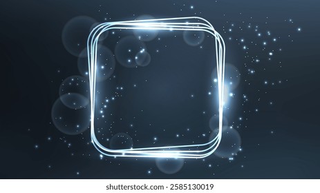 Neon rounded square frame with shining effects and sparkles on dark background. Empty glowing techno backdrop. Vector illustration