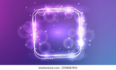 Neon rounded square frame with shining effects and sparkles on blue background. Empty glowing techno backdrop. Vector illustration