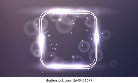 Neon rounded square frame with shining effects and sparkles on dark background. Empty glowing techno backdrop. Vector illustration