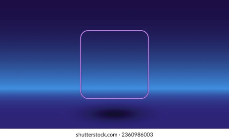 Neon rounded square symbol on a gradient blue background. The isolated symbol is located in the bottom center. Gradient blue with light blue skyline