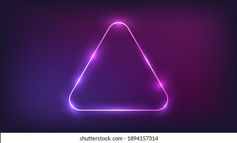 Neon rounded triangle frame with shining effects on dark background. Empty glowing techno backdrop. Vector illustration.