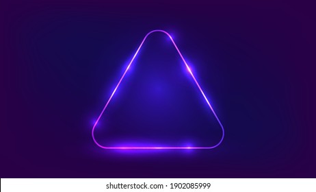 Neon rounded triangle frame with shining effects on dark background. Empty glowing techno backdrop. Vector illustration.