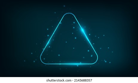 Neon rounded triangle frame with shining effects and sparkles on dark background. Empty glowing techno backdrop. Vector illustration