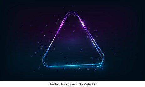 Neon rounded triangle frame with shining effects and sparkles on dark background. Empty glowing techno backdrop. Vector illustration