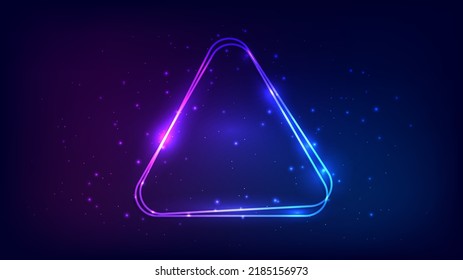 Neon rounded triangle frame with shining effects and sparkles on dark background. Empty glowing techno backdrop. Vector illustration