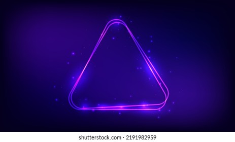Neon rounded triangle frame with shining effects and sparkles on dark background. Empty glowing techno backdrop. Vector illustration