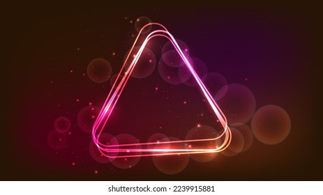 Neon rounded triangle frame with shining effects and sparkles on dark background. Empty glowing techno backdrop. Vector illustration