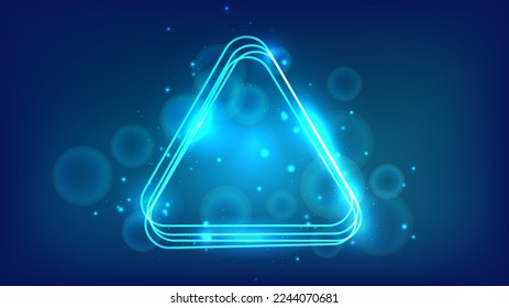 Neon rounded triangle frame with shining effects and sparkles on dark background. Empty glowing techno backdrop. Vector illustration