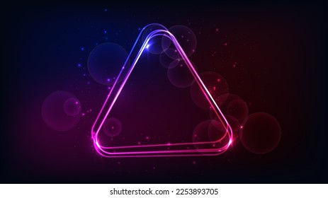 Neon rounded triangle frame with shining effects and sparkles on dark background. Empty glowing techno backdrop. Vector illustration