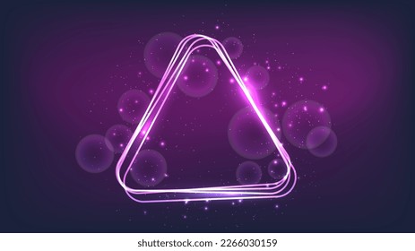 Neon rounded triangle frame with shining effects and sparkles on dark background. Empty glowing techno backdrop. Vector illustration