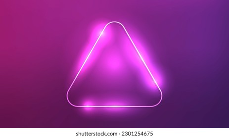 Neon rounded triangle frame with shining effects on dark purple background. Empty glowing techno backdrop. Vector illustration
