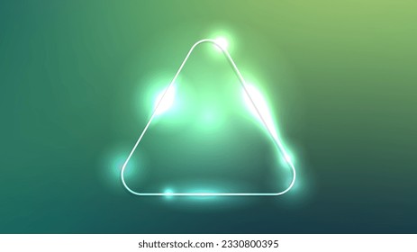 Neon rounded triangle frame with shining effects on green background. Empty glowing techno backdrop. Vector illustration