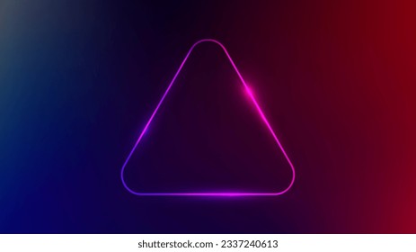 Neon rounded triangle frame with shining effects on dark purple background. Empty glowing techno backdrop. Vector illustration