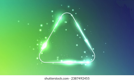 Neon rounded triangle frame with shining effects and sparkles on green background. Empty glowing techno backdrop. Vector illustration