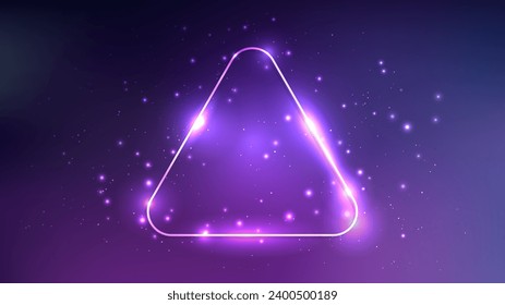 Neon rounded triangle frame with shining effects and sparkles on dark purple background. Empty glowing techno backdrop. Vector illustration