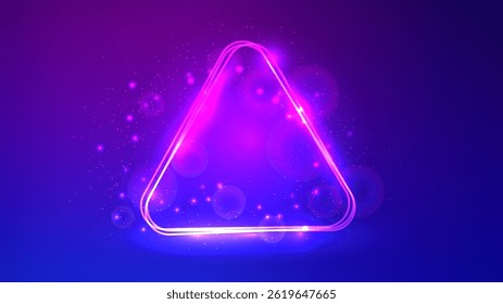 Neongerundeter Dreiecksrahmen mit glänzenden Effekten und funkelt auf blauem Hintergrund. Leere glühende Techno-Kulisse. Vektorgrafik