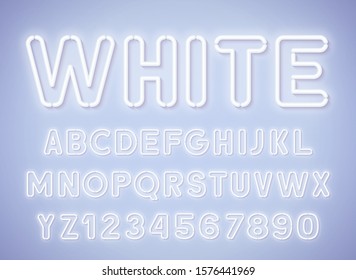 Neon Rounded White Font, Glowing Alphabet With Numbers.