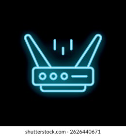 Neon router icon emitting signal, symbolizing internet connection