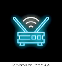 Neon router icon glowing on dark background representing wifi signal