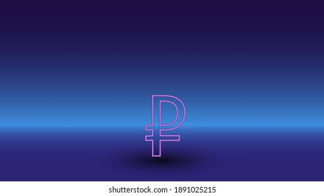 Neon ruble symbol on a gradient blue background. The isolated symbol is located in the bottom center. Gradient blue with light blue skyline