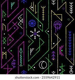 Neon rune grid on black. Seamless pattern