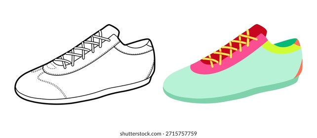 Zapatilla de running de neón plana más juego de líneas. Calzado deportivo de moda para gimnasio, armario de ropa activa de cápsula de carrera urbana. Ilustración de moda técnica, maqueta CAD mujer de Vector mixto hombres unisex estilo deportivo aislado