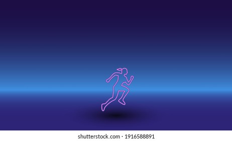 Neon running woman symbol on a gradient blue background. The isolated symbol is located in the bottom center. Gradient blue with light blue skyline