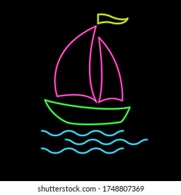 Neon sailing yacht on a black background. Sea waves.