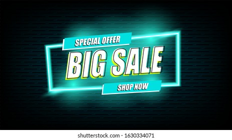 Neon sale light sign retro style vector banner with black background.Template design for special offers, sales and discounts.Advertising clearance promotion and shopping concept.