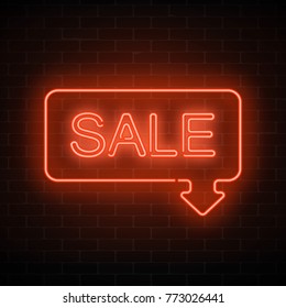 Neon sale sign in frame with arrow in red color on a brick wall background. Inviting banner with discount. Vector illustration.