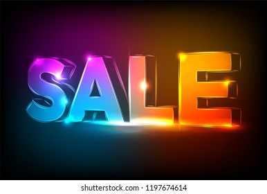 Neon sale sign on dark wall background. Editable vector 3D illustration with glowing shapes. Luminous signboard, nightly advertisement of sales and discount events