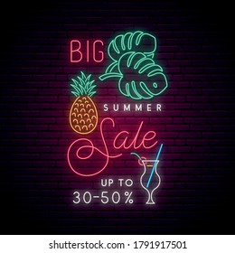 Neon Sale signboard. Bright advertising banner with tropical leaves, pineapple and cocktail in neon style. Stock vector illustration.