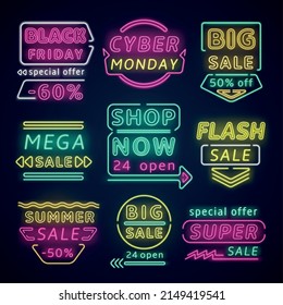 Neon sale signs. Cyber Monday and black Friday glowing labels. Discounts advertising texts. Shopping lighting designs. Shining signboards with arrows. Vector illuminated