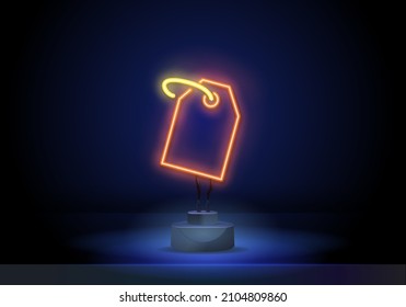 Neon sale tag sign. Glowing neon label on stand against dark background. Shopping discount advertising banner. Vector illustration.