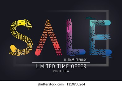 Neon sale typographic banner in bright shiny colors. Vector graphic design elements.
