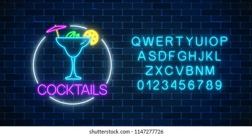 Neon sambuca cocktail sign in circle frame with alphabet. Glowing gas advertising with glass of alcohol shake. Drinking canteen banner. Night club invitation. Vector illustration.