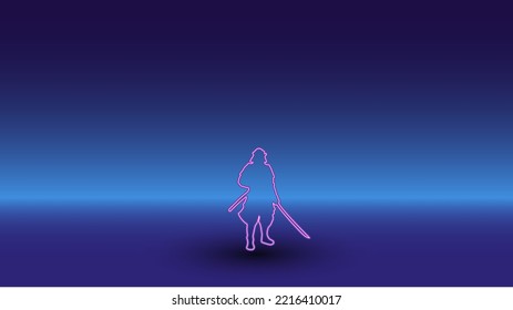 Neon samurai symbol on a gradient blue background. The isolated symbol is located in the bottom center. Gradient blue with light blue skyline