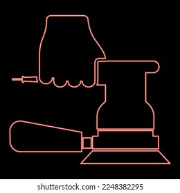 Neon sander in hand holding tool use Arm using circular sheet Electric orbital instrument red color vector illustration image flat style light