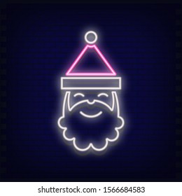 Neon Santa Claus Head. Retro Bright Signboard, Light Banner for Christmas Design on Brick Wall Background. Fluorescent Vector Illustration.