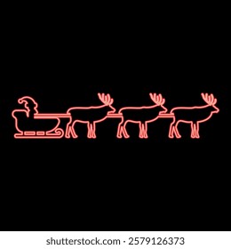 Neon santa Claus in a reindeer wagon chariot with sled red color vector illustration image flat style