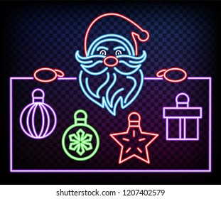Neon Santa is holding banner. Glow on black background. Place for text. Christmas banner